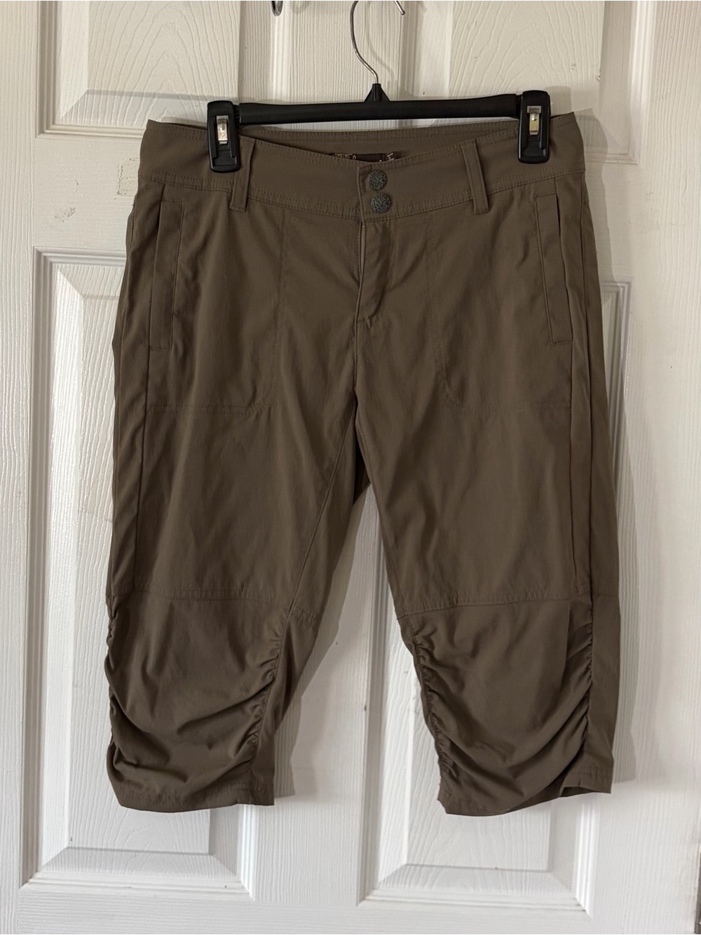 Prana Women’s Capri Pants Brown Ruched Knee-Length Sz 6